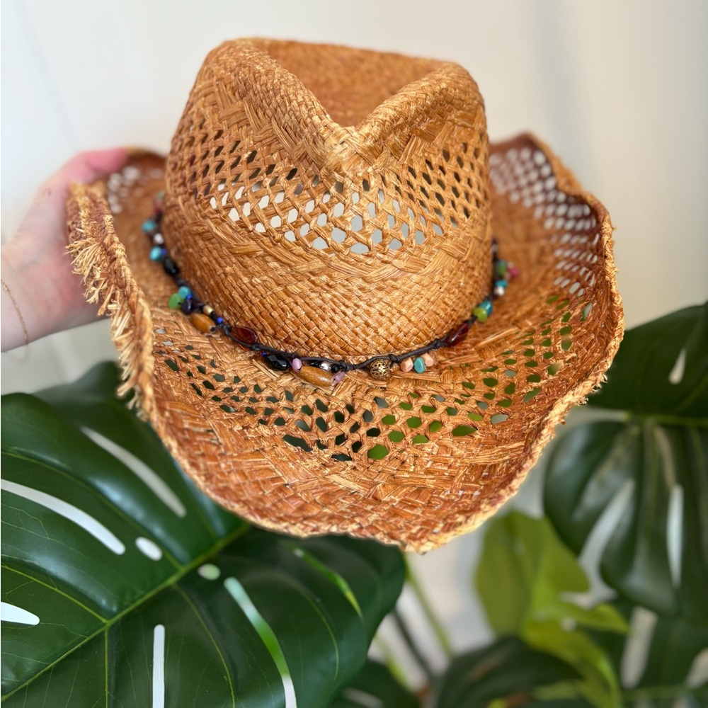 Scala Cowboy Western Raffia Straw Summer Cowgirl‎ Hat with Turquoise Beads